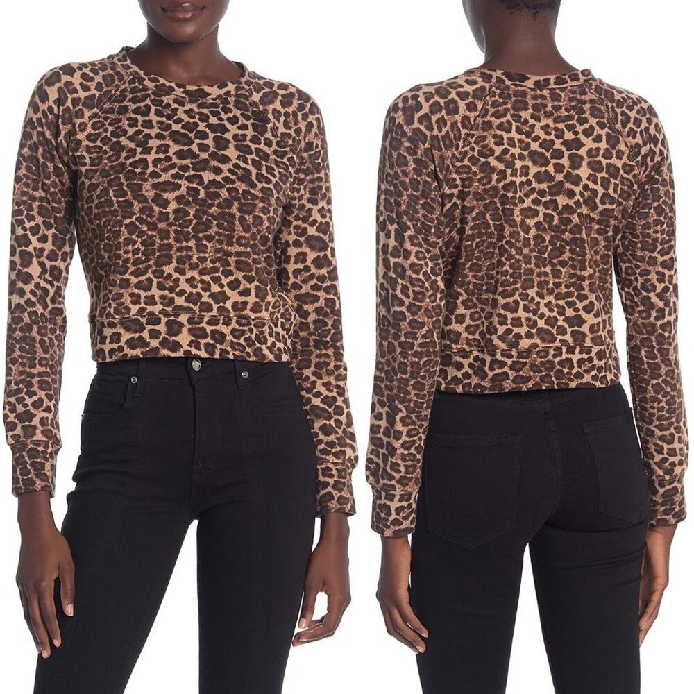 Good American Women's 2X Leopard Print Cropped Crewneck Plus Size Sweatshirt